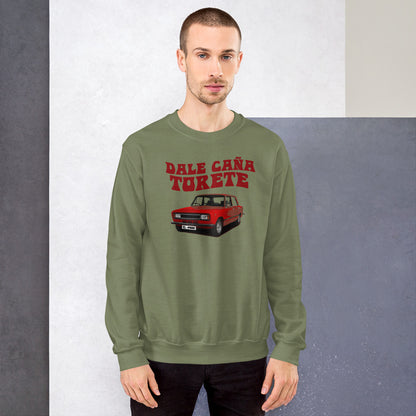 Sudadera, SEAT 124, Dale Caña, Torete, Coche clásico, Moda automovilística, Diseño de sudadera, Ropa casual, Estampado personalizado, Moda vintage, Atuendo con carácter, Moda única, Ropa de declaración, Estilo distintivo, Diseño creativo, Ropa personalizada, Atuendo urbano, Moda expresiva, Streetwear, Moda original