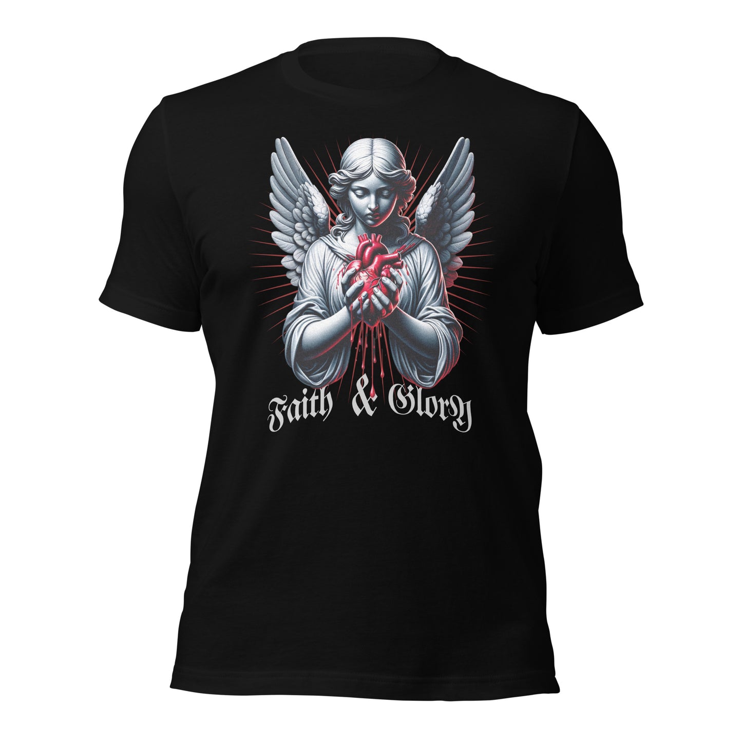 FaithAndGlory, ÁngelConCorazón, DiseñoÚnico, ArteDeCamisetas, EstiloUrbano, ModaConMensaje, CorazónSangrante, CamisetasConActitud, Angelical, ArteEmocional, CulturaPop, EstiloPersonal, InspiraciónDivina,Fe&gloria