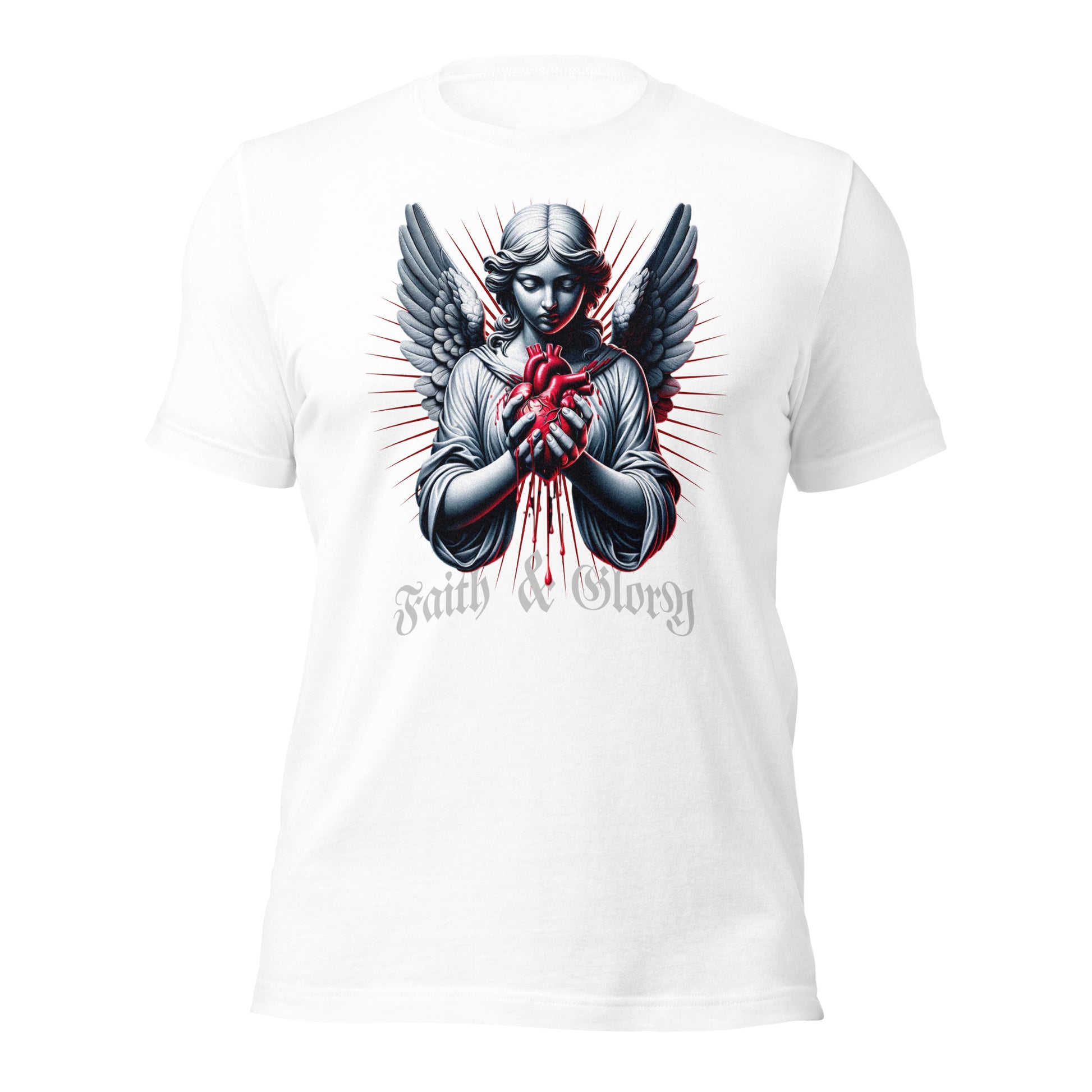 FaithAndGlory, ÁngelConCorazón, DiseñoÚnico, ArteDeCamisetas, EstiloUrbano, ModaConMensaje, CorazónSangrante, CamisetasConActitud, Angelical, ArteEmocional, CulturaPop, EstiloPersonal, InspiraciónDivina,Fe&gloria